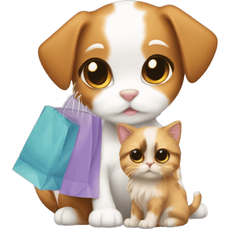 Calico cat and Shitzu puppy with shopping bags emoji