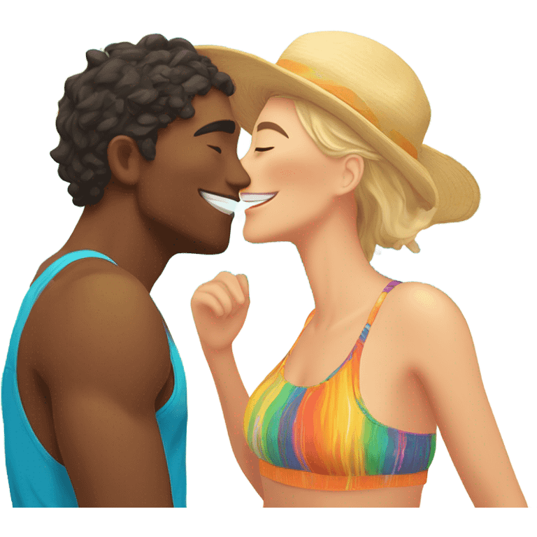 with beach clothes young metis man and white woman kiss love pink emoji