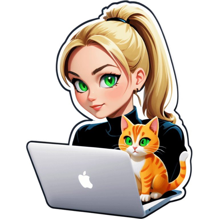 Blonde woman ponytail green eyes with cat and MacBook emoji