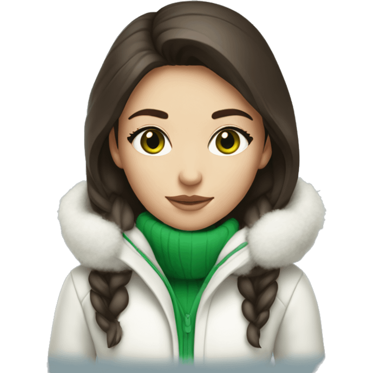 Brunette girl with green eyes in white winter outfit emoji