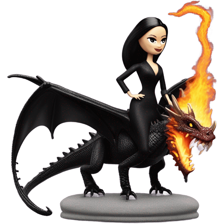 Victorian evening dressed, Morticia Addams Barbie Jedi wearing a mini tiara, riding on the back of a very large black shiny evil-looking fire-spewing horned dragon emoji