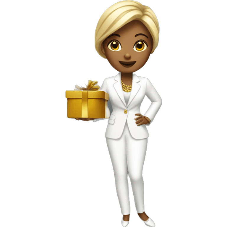 Posh-woman-with-white-suit-holding-golden-coins-and-presents emoji