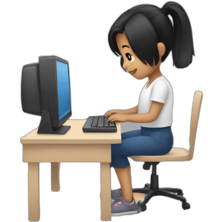 small girl with black hair working on computer emoji