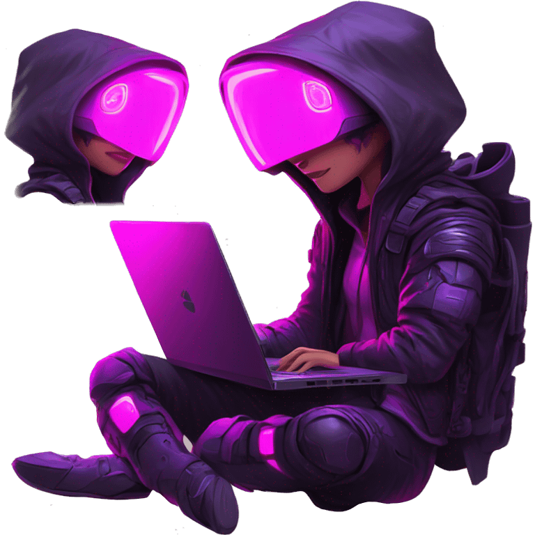 developer behind his laptop with this style : crysis Cyberpunk Valorant neon glowing bright pink girl character dark pink purple black hooded assassin themed character emoji