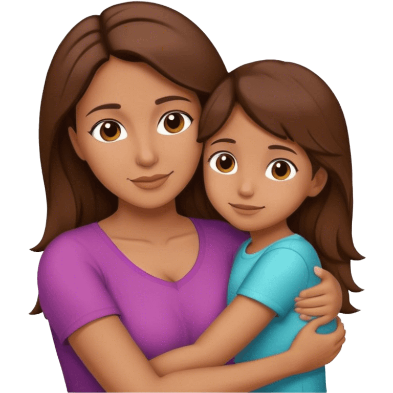 Hispanic mother and little daughter brown hair hugging emoji