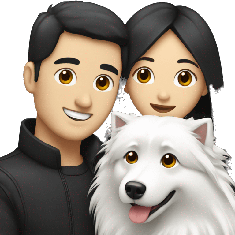 a man with black hair and a woman with black long hair hugging two white japanese spitz dogs emoji