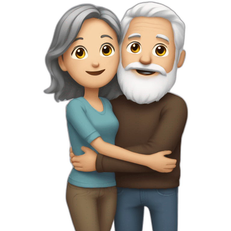 Man with gray hair and white beard hugs woman with dark brown hair emoji