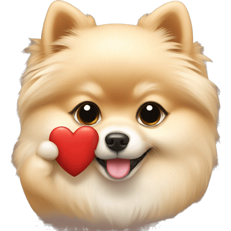 Cream pomeranian holding a heart emoji