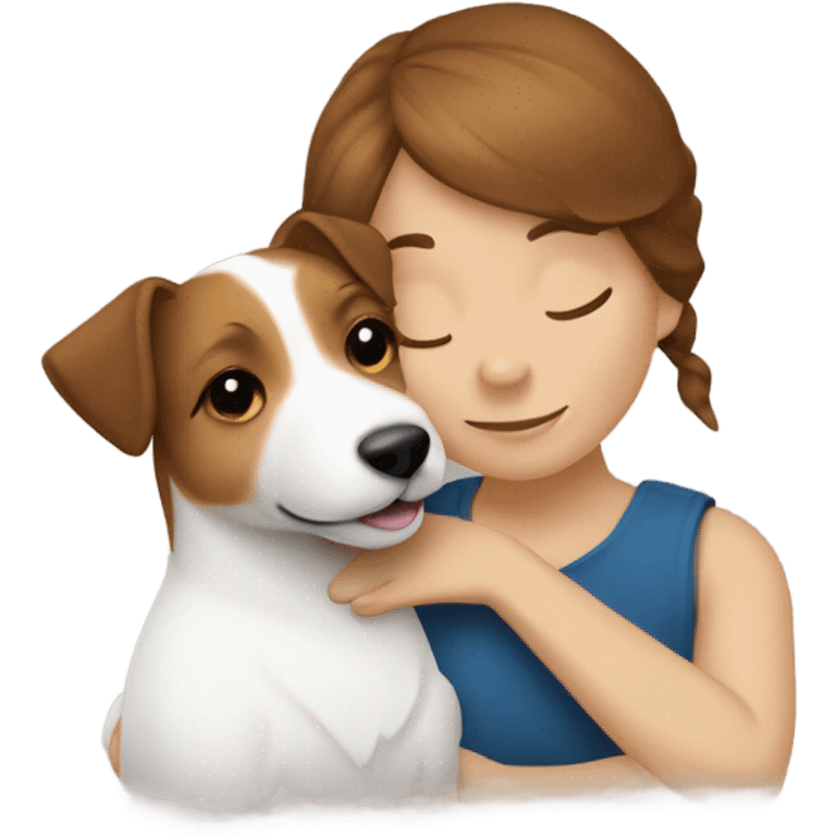 whit brown haired girl hugging jack russell terrier emoji