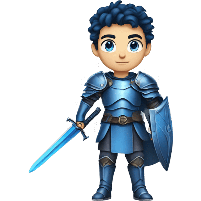 a 5'8" 13 years old lebanese, teenage boy with slightly dark blue hair. He wields a dark blue sword, and wears a blue armor. He has blue eyes. He is very serious  emoji