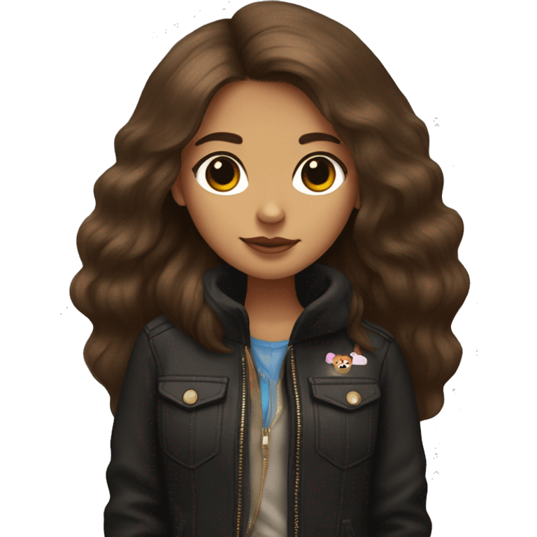 girl with long brown hair holding, in rad jacket and black Pomeranian spitz emoji