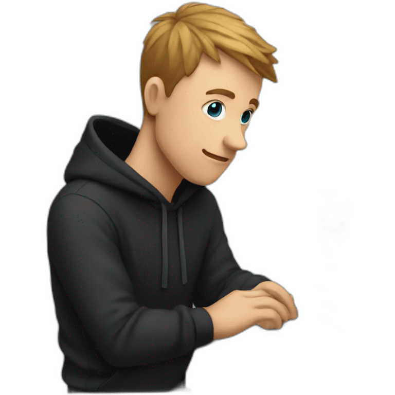 a white man wearing a black hoodie looking at a laptop screen with a blue heart on it emoji