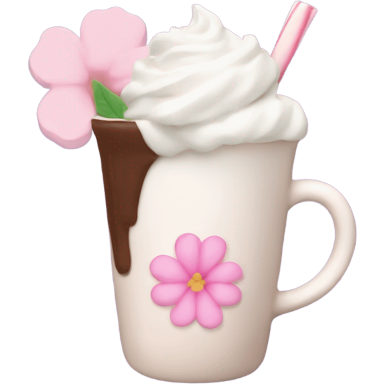 Hot chocolate with pale pink flower and whipped cream emoji