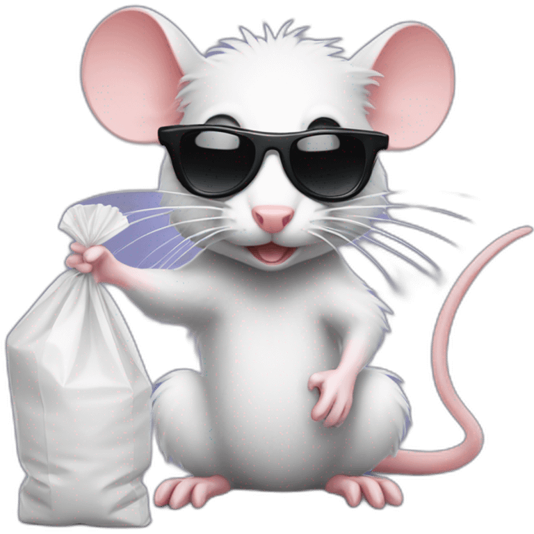 badass rat wearing sunglasses holding a small plastic bag of powdered sugar emoji