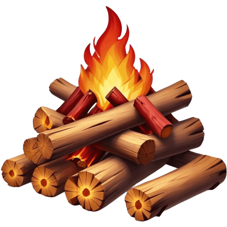 Cinematic Realistic Campfire, a roaring flame crackling atop carefully arranged logs, embers glowing deep red, golden light casting soft flickering shadows, gentle smoke drifting upwards, glowing with warmth and coziness. emoji