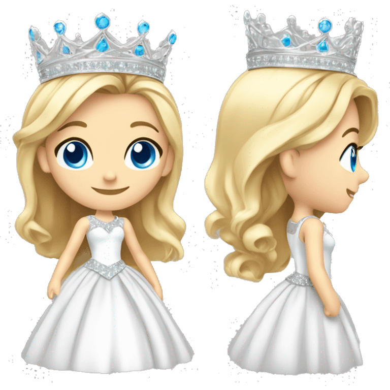 13 year old girl with blonde hair and blue eyes wearing a sparkly all white pageant gown and a silver only crown full body emoji