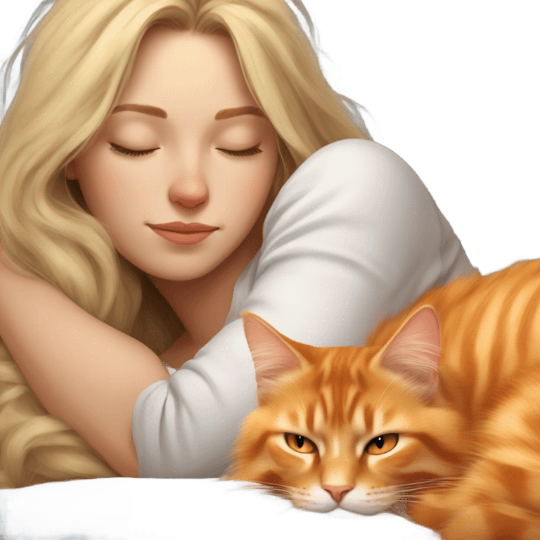 Blonde girl sleeping with her orange maine coon  emoji