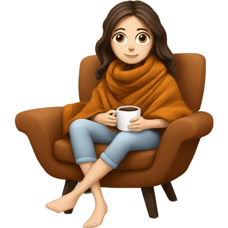 Brunette white girl covered in blanket autumn vibe sitting on a cozy chair holding coffee emoji