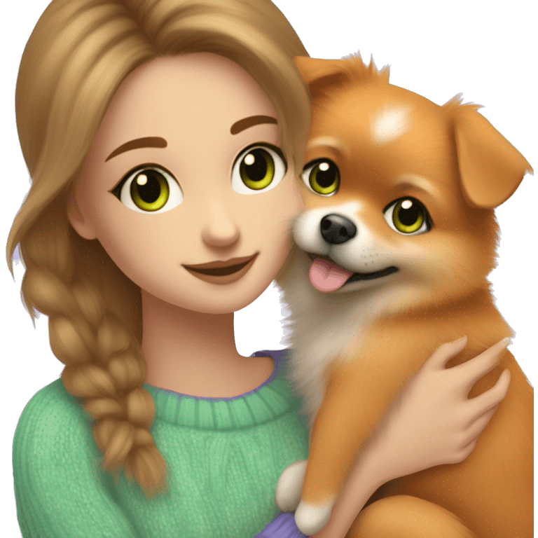 highlighted hair girl with blue green eyes, hugs her orange pomeranian puppy, wearing cute lilac sweater emoji