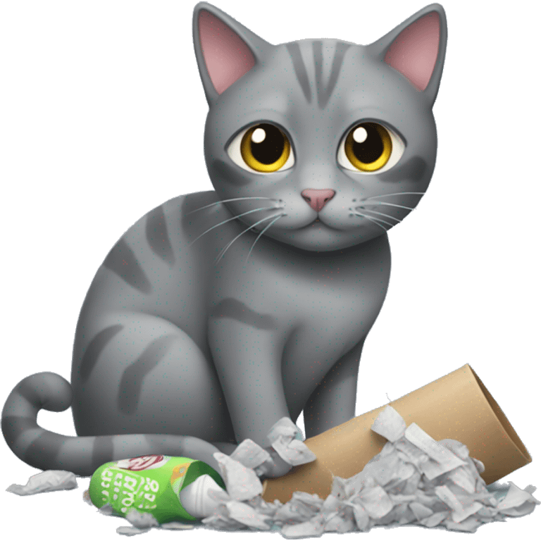 gray cat playing with trash emoji