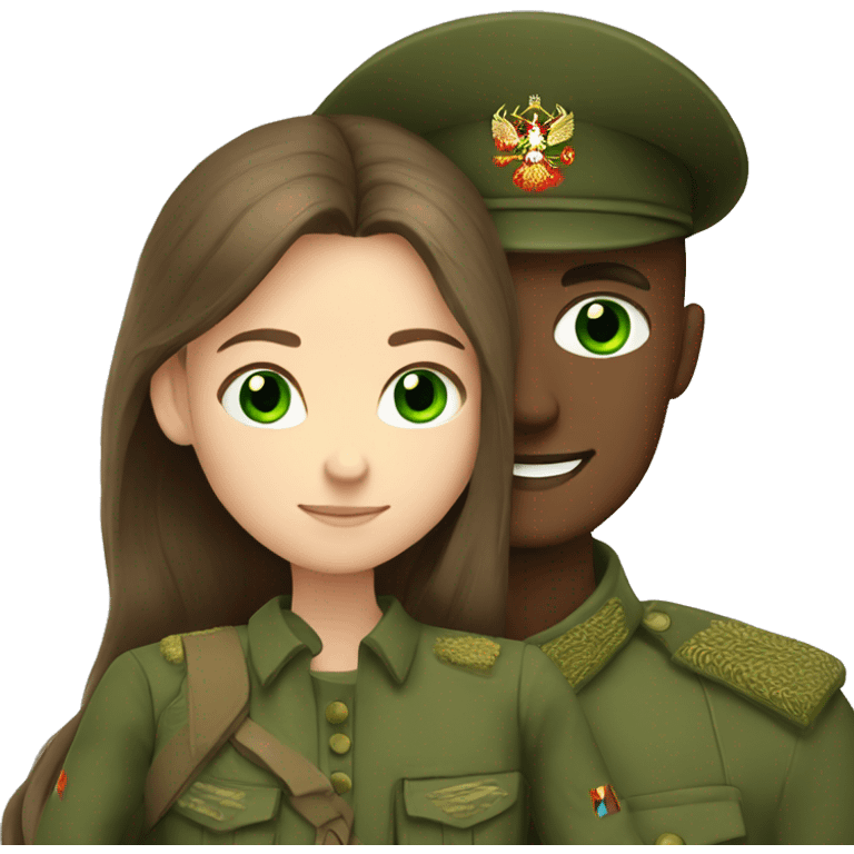 russian soldier with green eyes hug girl with green eyes and long brown hair emoji