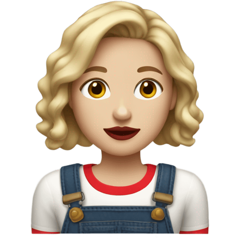 Brown blonde highlighted hair girl with red lipstick and a farmers outfit emoji