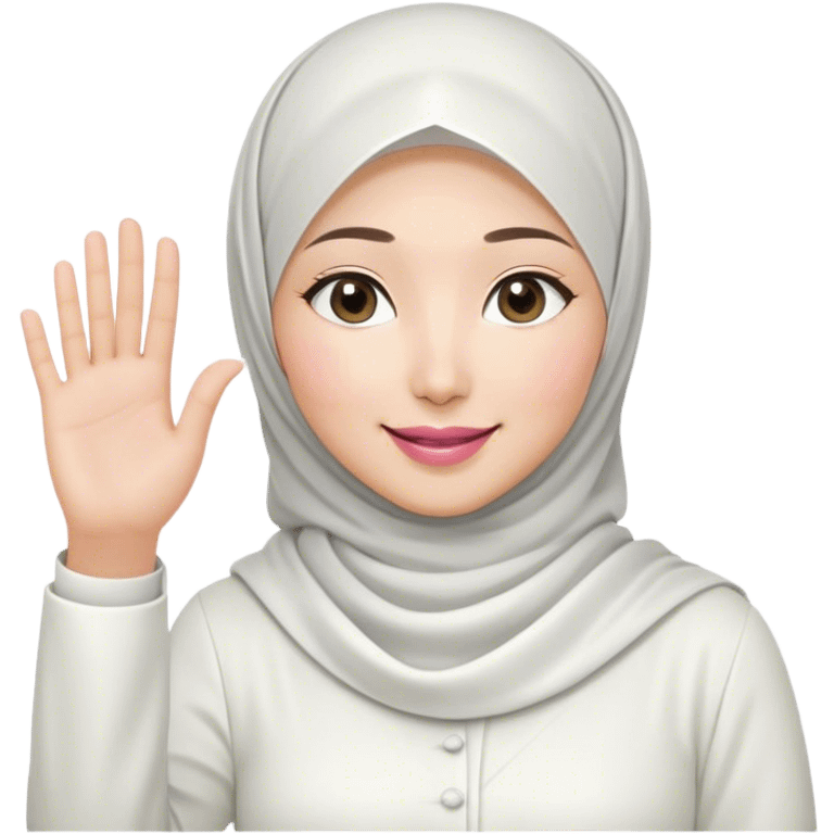 Asian white woman hijab, her hijab color is white, her face is small oval, her face is firm, her lips are pink, her eyes is shining, her face looks happy and excited, her eyes are also smiling, her outfit color is white. Generate emoji that show full body and her left hand is waving to the left emoji