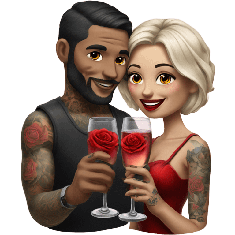 Hyper Realistic tattooed couple drinking champagne with red roses  emoji