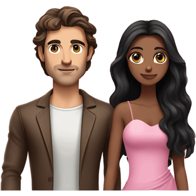 A handsome pale Greek god man who has long brown hair and tanned skin with a pretty black skinny tall model woman who has long black hair and she is wearing a pink dress and they are a couple emoji