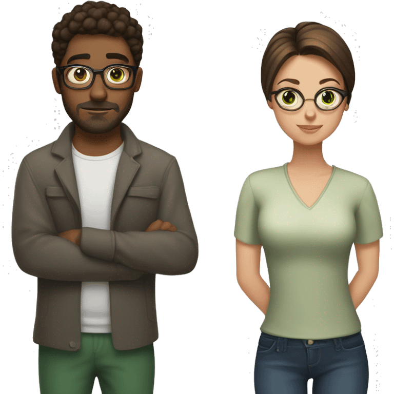 A girl with brunette hair up in a bun and brown eyes with glasses standing next to a guy with short brunette hair and green eyes with facial hair  emoji