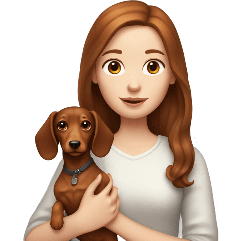 Brown haired haired girl with pale skin holding ginger dachshund emoji