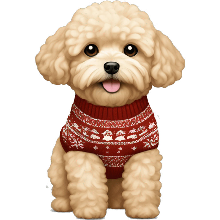 Light apricot color maltipoo with Christmas sweater emoji