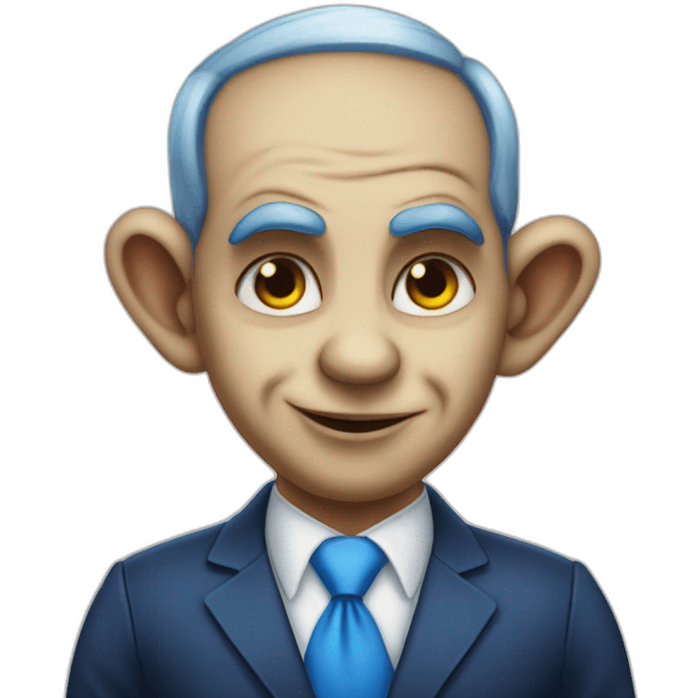 Bibi Netanyahu with horns and clown makeup with blue tie and stern face emoji