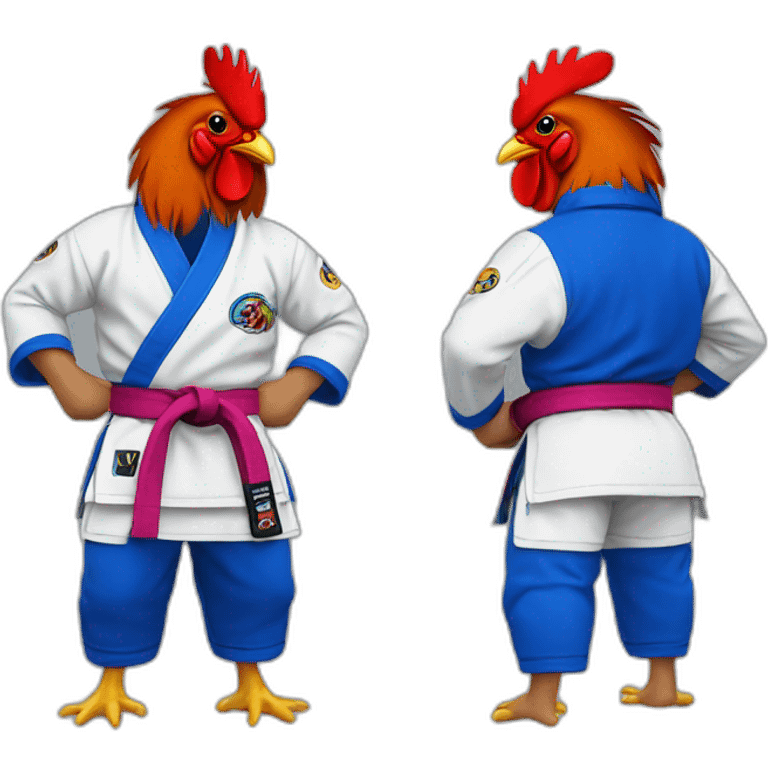 Rooster wearing a blue Jiu-Jitsu gi emoji