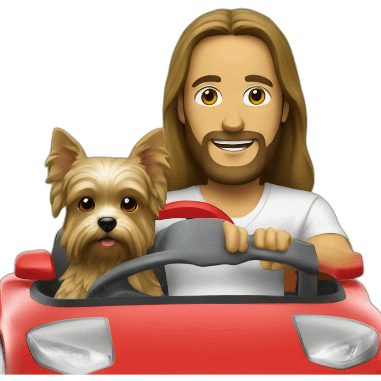 Rio jesus-statue holding a yorkie while driving red f1 car emoji