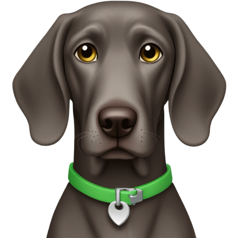 Dark brown Weimaraner with a grey beard and green collar emoji