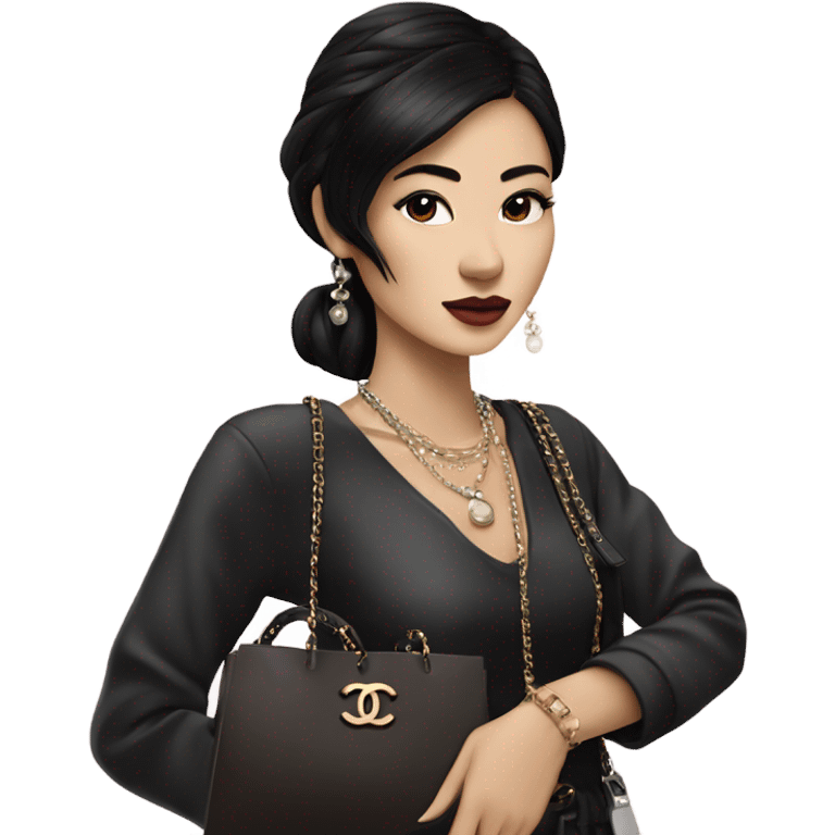 Realistic Dark hair Chanel Asian Girl with Birkin bag and Chanel necklace emoji