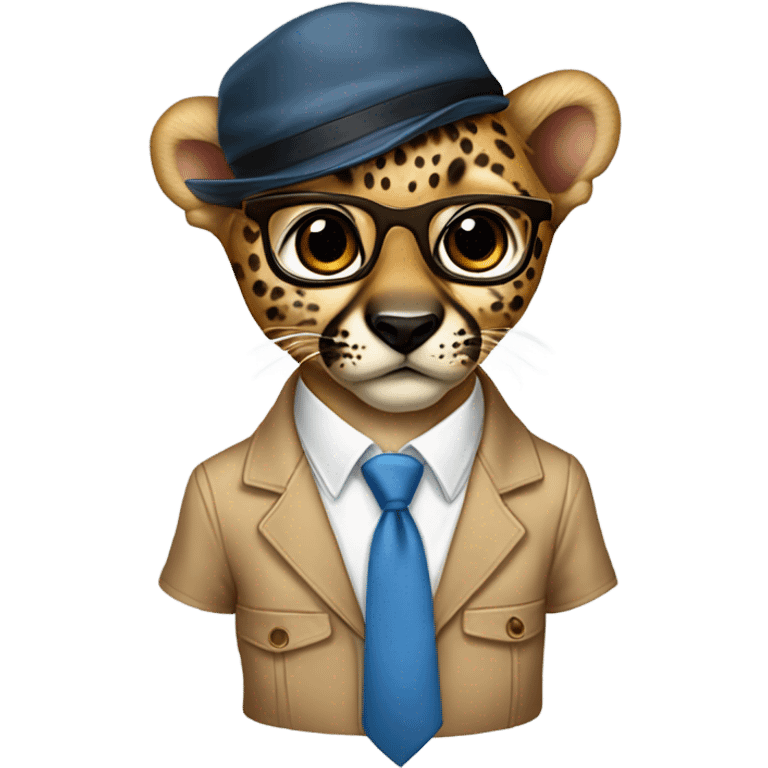 baby cheeta in a brown backward cap, brown-lens glasses, wearing white shirts, blue neck-tie emoji