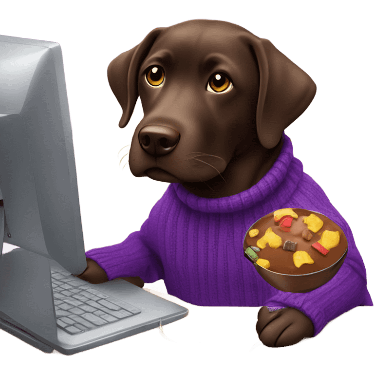 Chocolate lab working on computer with small headset , food on desk, wearing purple sweater  emoji