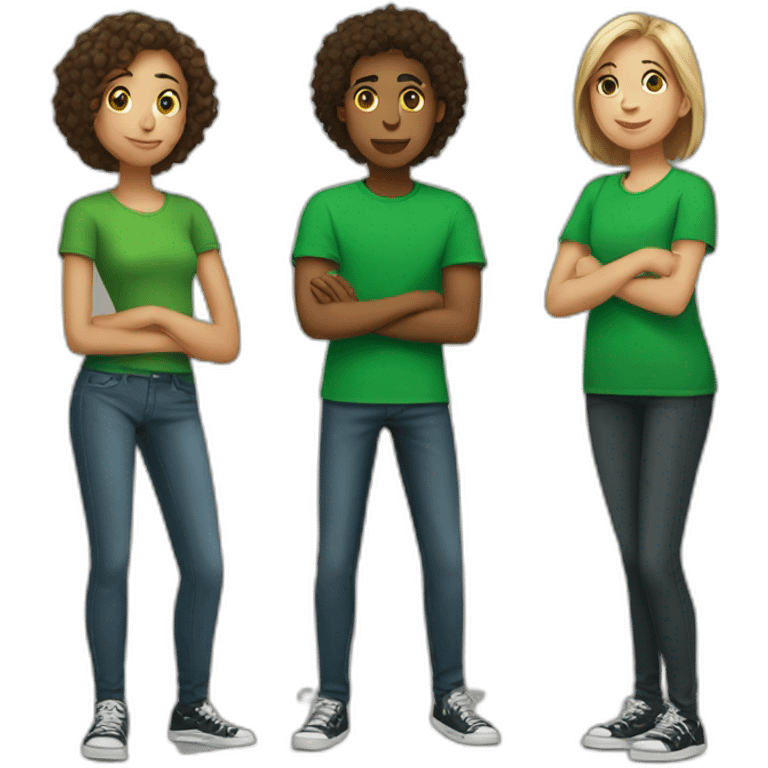 4 teenagers standing wearing a green tshirt emoji