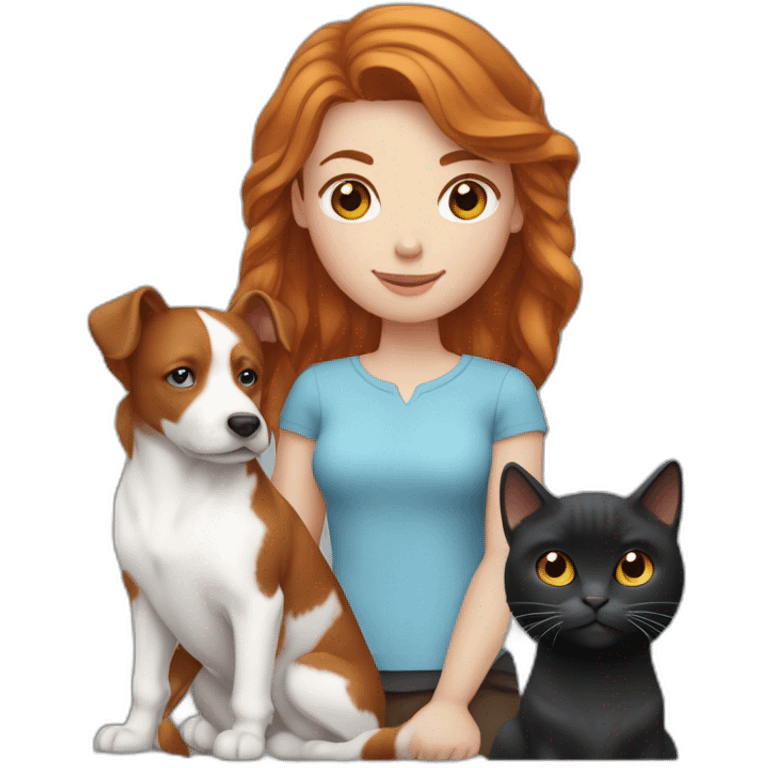 Femme rousse aux yeux bleus avec son chien noir, son cheval marron et son chat blanc emoji