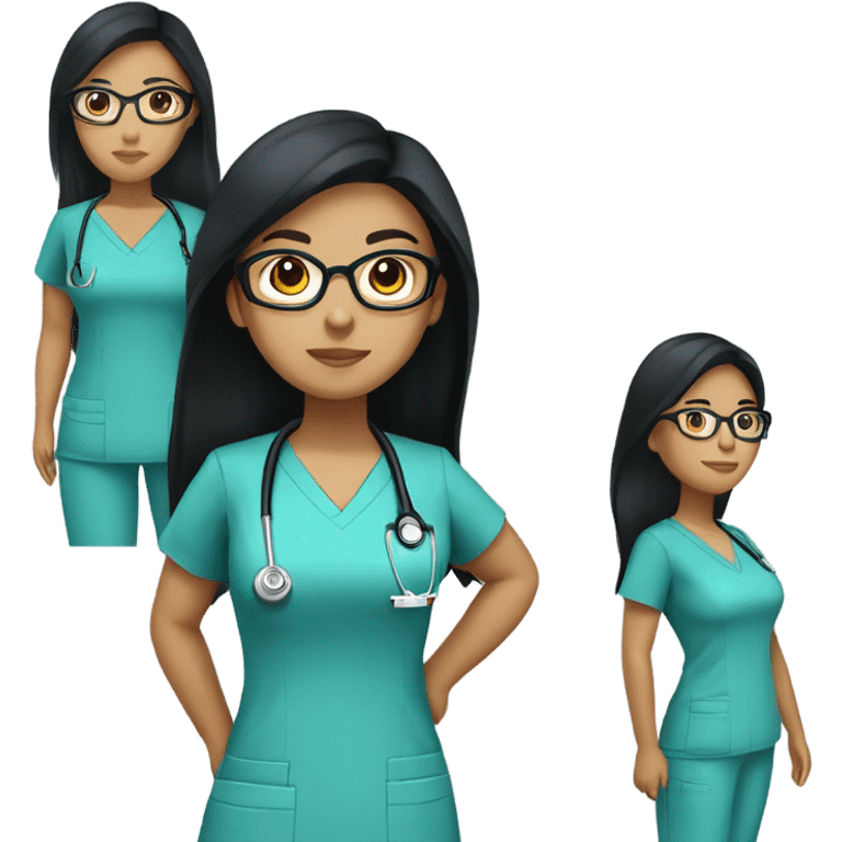 filipino nurse with long straight black hair and tan skin and clear glasses in scrubs emoji