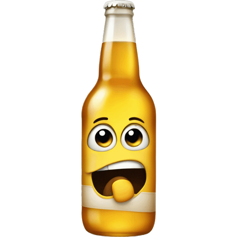 Drunk emoji holding a beer bottle, with one eye half-closed, a wobbly expression, and flushed cheeks, showing signs of intoxication emoji