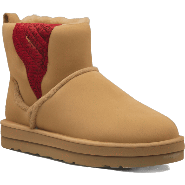 Camel colored thick platform slip-on UGG slippers. has a thin red woven zig-zag trim detail on the cuff emoji