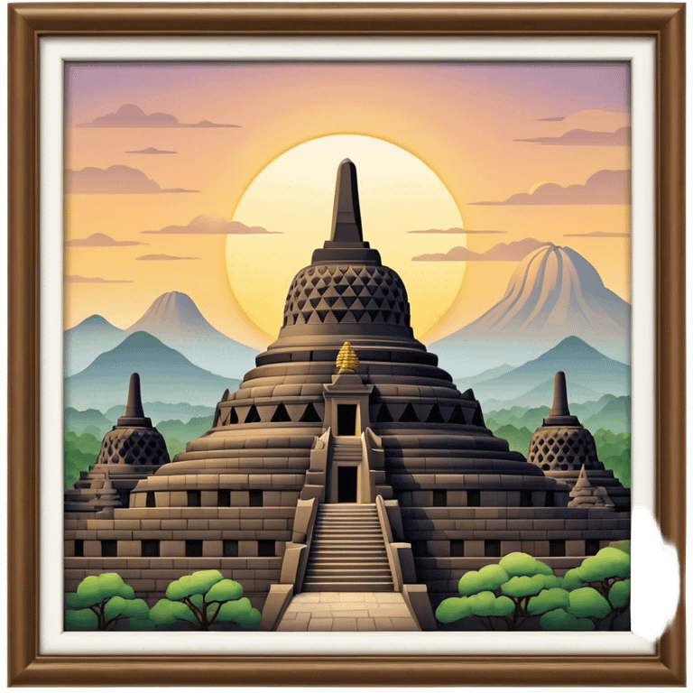 Cinematic Realistic Borobudur Landmark Emoji, showcasing the majestic ancient Buddhist temple rendered with intricate textures and serene, historic lighting. emoji