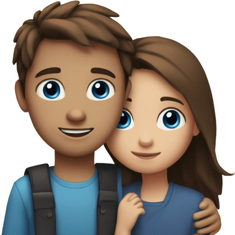 Girl with brown hair and blue eyes hugs boy with dark brown straight hair and blue eyes emoji