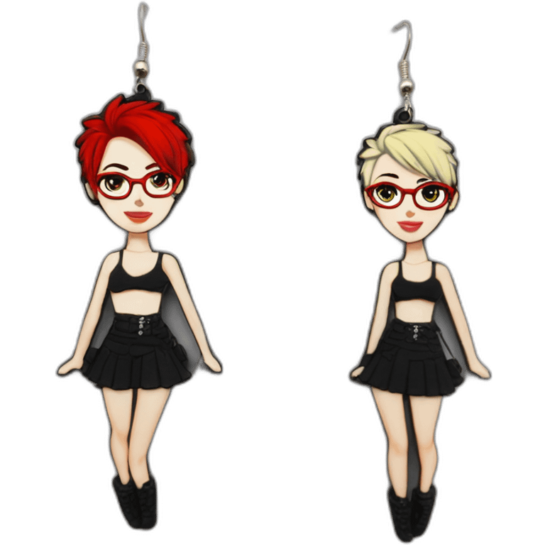 Punk female earrings glasses,red and black short hair, emoji