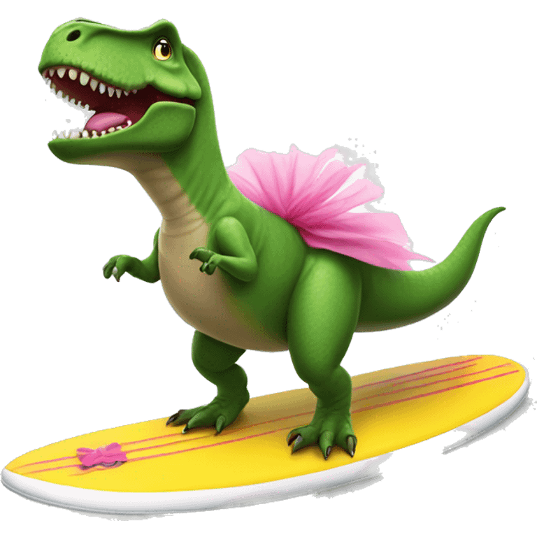 t-rex wearing a tutu on a surfboard emoji