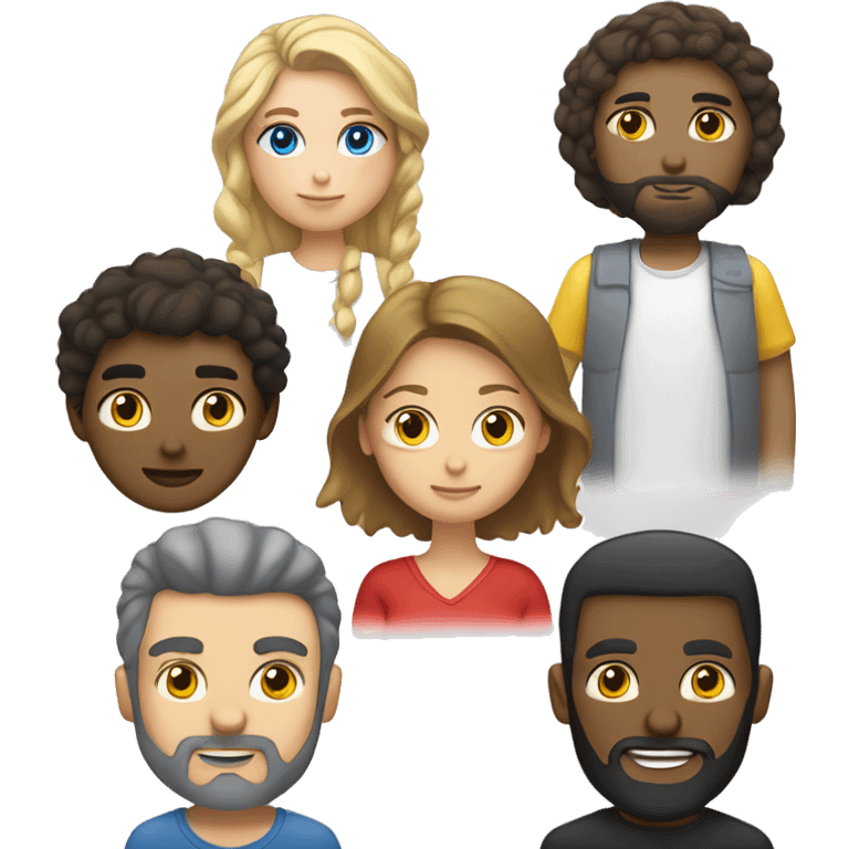 Family emoji: man with brow eyes hair and beard, woman with blue eyes and brow hair, a black and white cat with yellow eyes and is a car with red gray and white color and yellow eyes emoji