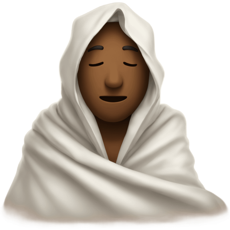 man inside a blanket sipping coffee eyes closed blanket on top of head  emoji